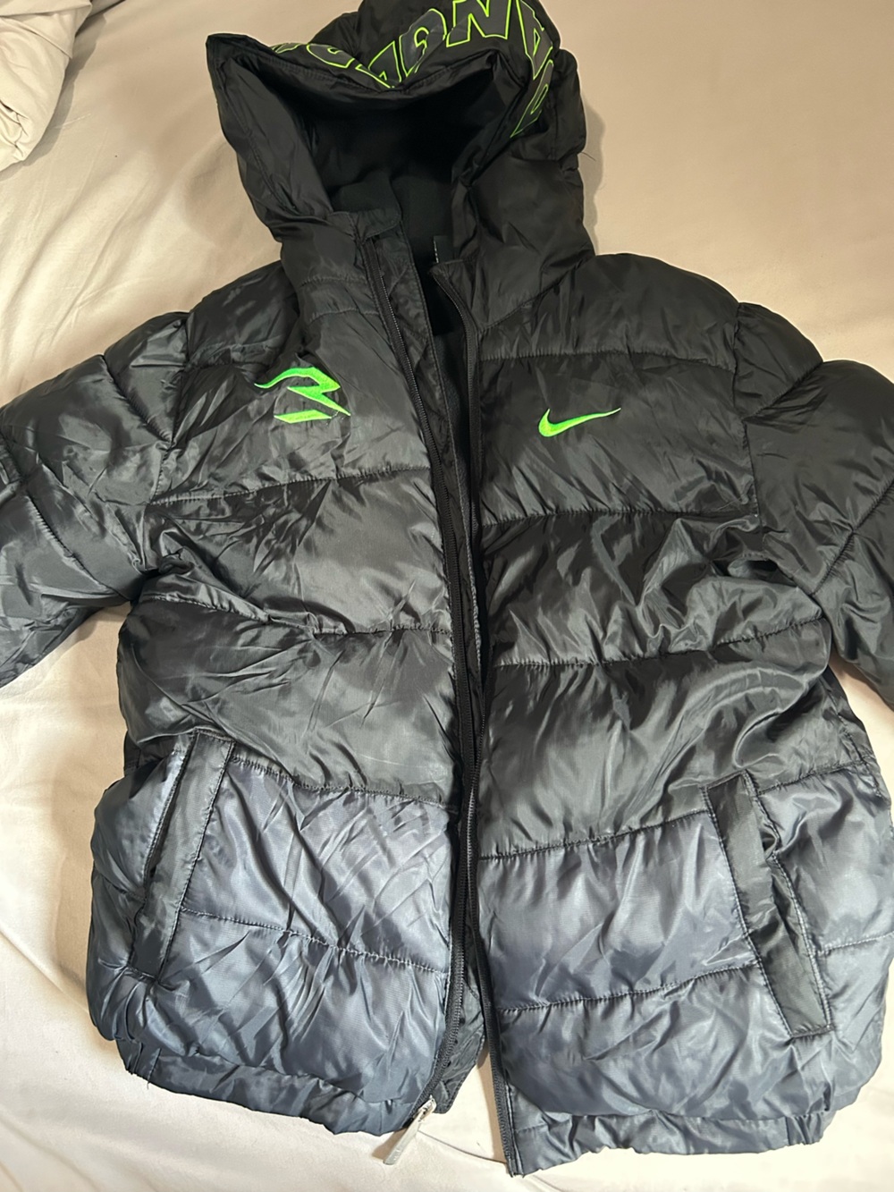 Nike Kids Black Puffer Jacket with Neon Green Logos